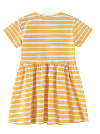 Children's Striped Bunny Embroidered Round Neck Dress