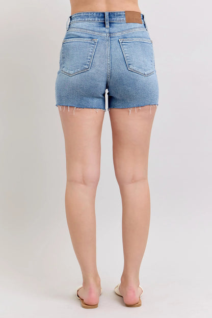 Judy Blue Full Size High Waist Denim Shorts W/stitch Over Destroy Detail Plus Size