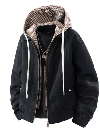 Men's Plus Size Casual Plaid Hooded Windbreaker Jacket