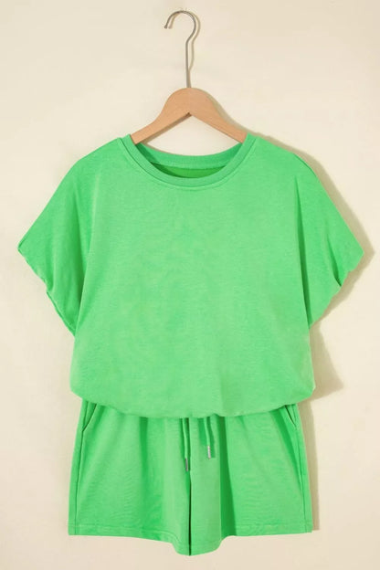Solid Color Puffy Loose Top Drawstring Shorts 2pcs Outfit