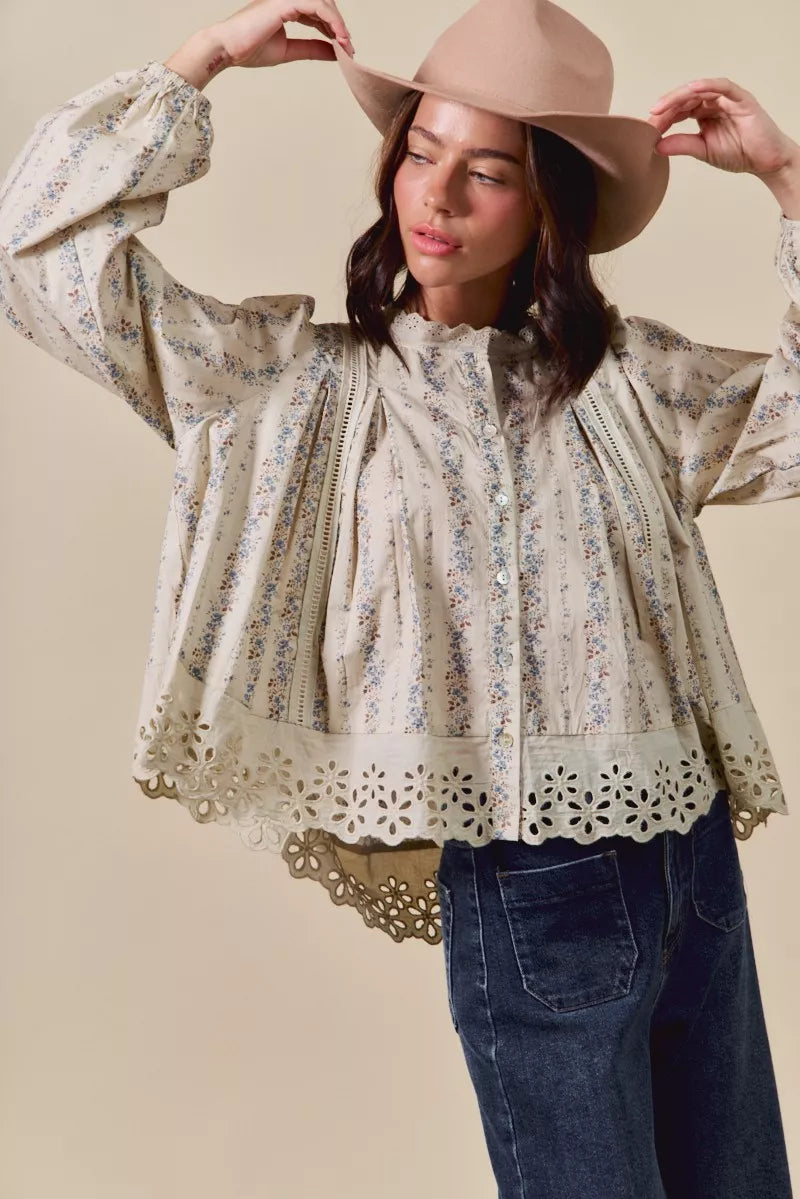 SO ME Floral Print Lace Button Down Shirt