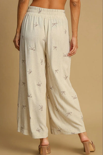 Umgee Full Size Lace Drawstring Embroidered Bow Wide Leg Pants Plus Size