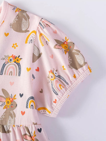 Children's Tiered Bunny Rainbow Print Casual Dress