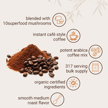 10in1 Mushroom Coffee Powder, Premium Arabica Instant Coffee Blend With Mane, Reishi, Chaga  8 Functional Mushrooms, Low Caffeine, Non GMO, FillerFree,1 LB