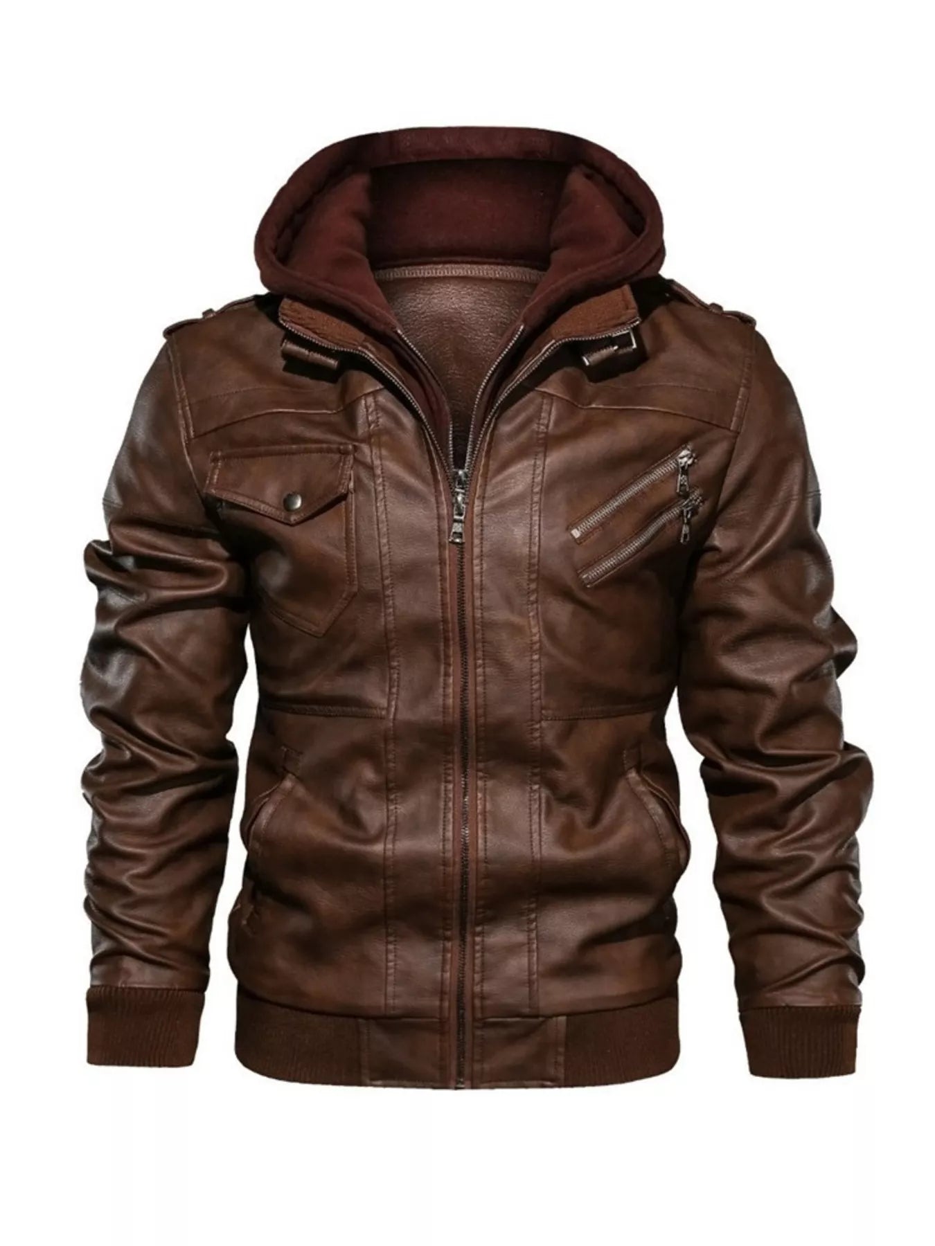 Men's Full Size Hooded Faux Leather Moto Jacket Plus Size