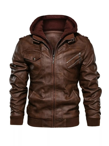 Men's Full Size Hooded Faux Leather Moto Jacket Plus Size