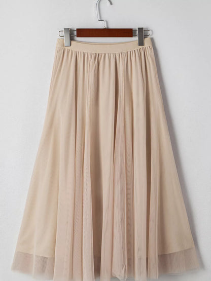 Tulle Mesh Overlay Flared Midi Skirt