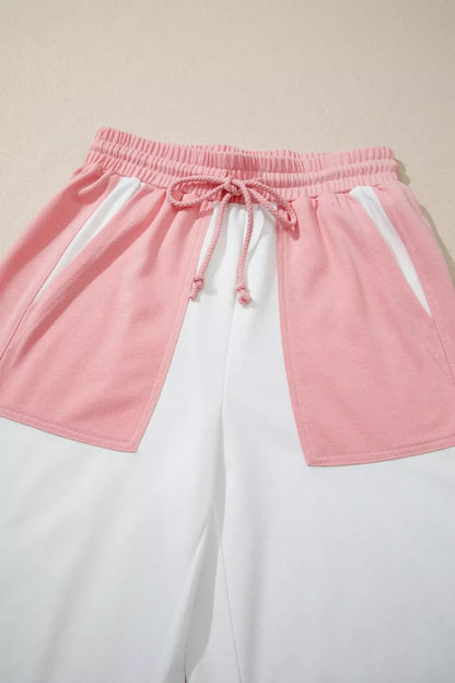 Two-tone Color Block Patchwork Tee Drawstring Loose Pant Set