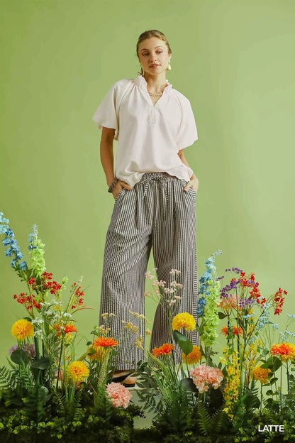 Umgee Drawstring Striped Wide-Leg Pants