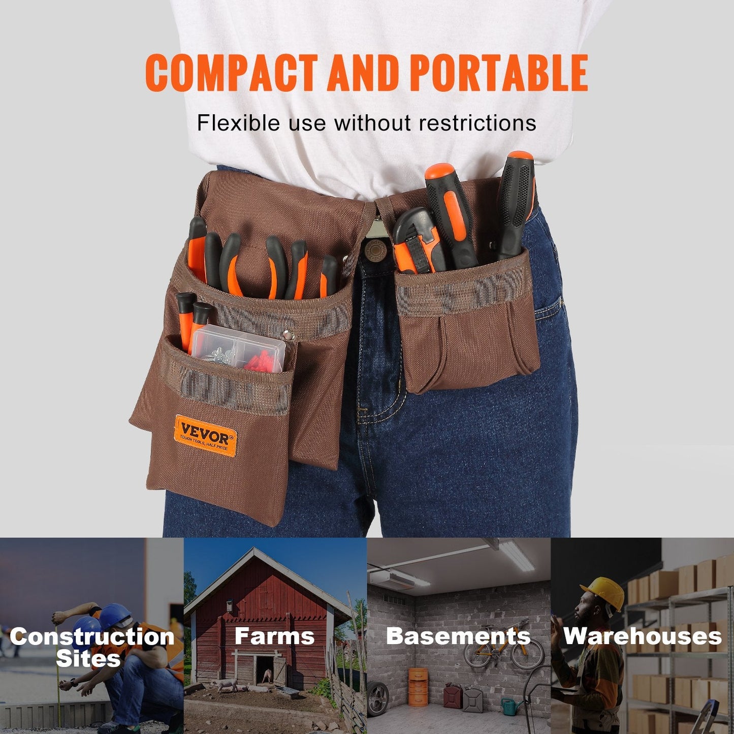 VEVOR Tool Belt, Adjusts From 29 Inches To 54 Inches, Polyester Heavy Duty Tool Pouch Bag, Detachable Tool Bag For Electrician, Carpenter, Handyman, Woodworker, Construction, Framer, Brown