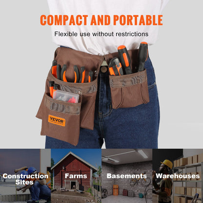 VEVOR Tool Belt, Adjusts From 29 Inches To 54 Inches, Polyester Heavy Duty Tool Pouch Bag, Detachable Tool Bag For Electrician, Carpenter, Handyman, Woodworker, Construction, Framer, Brown