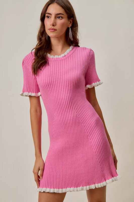 SO ME Contrast Ruffled Sweater Knit Mini Dress