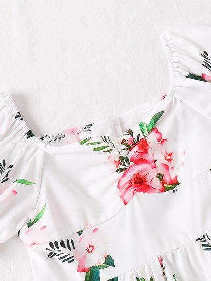 Children's Floral Print Puff Sleeve Casual Dress