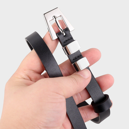Skinny Leather Belt with Silver Buckle