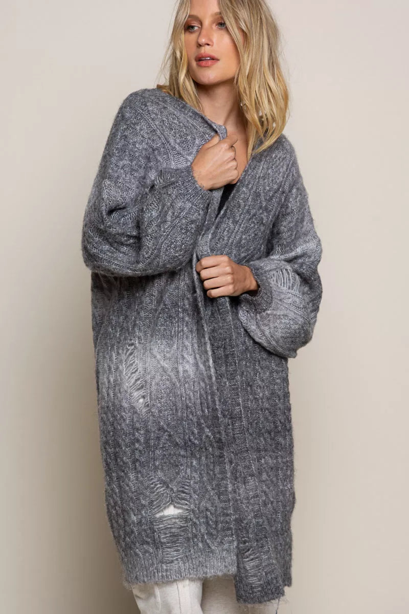 POL Distressed Cable-Knit Ombre Dying Cardigan