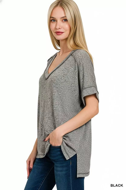 Zenana Full Size Soft Melange Hacci V-Neck Short Sleeve Hi-low Tee Plus Size