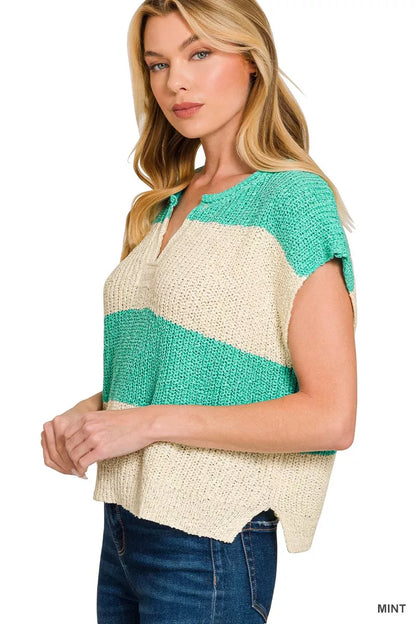 Zenana Split Neck Sleeveless Stripe Sweater