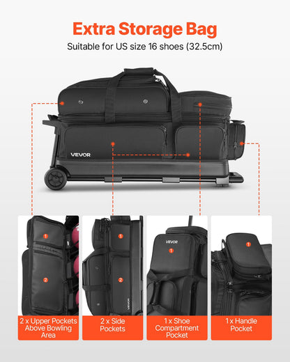 Bowling Ball Bag, 3 Ball Double Roller Bowling Bag With Wheels, Featuring A Separate Compartment For Shoes (Up To US Size 16) & Oversized Accessory Pocket, Retractable Handle Extends To 41.34 In