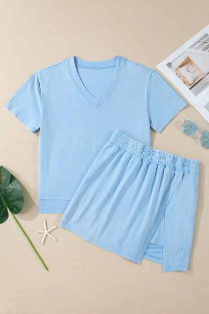 Casual V-Neck Short Sleeve Top and Skort Set