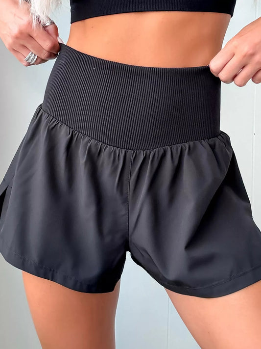 Solid Color Ribbed Patchwork High Waist Athletic Shorts