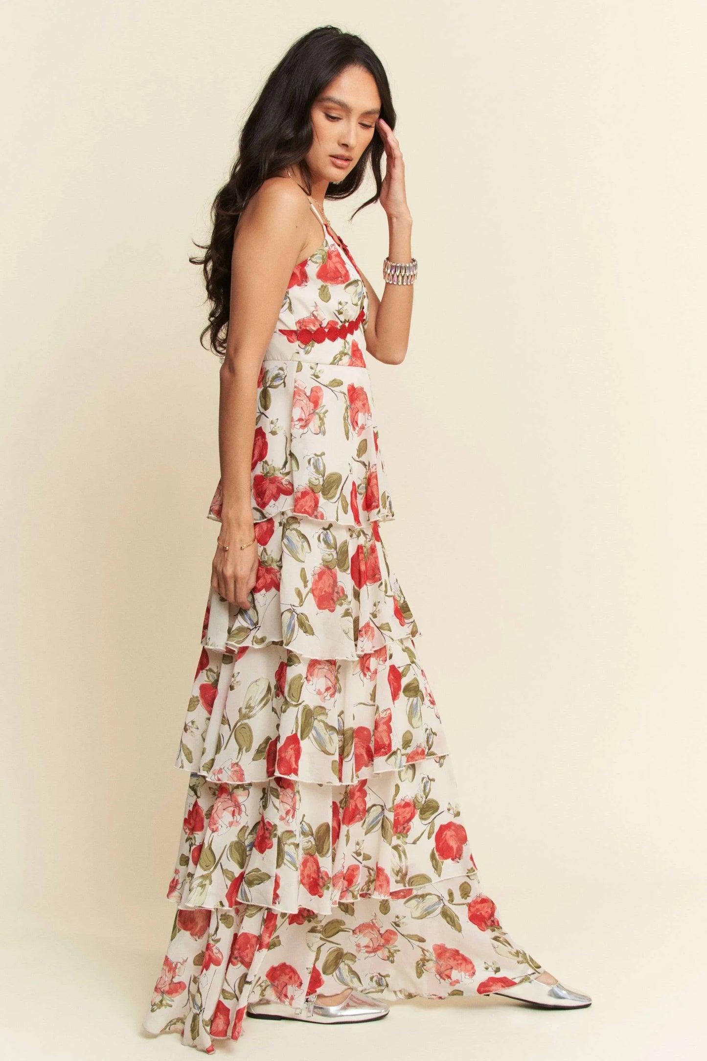 Davi & Dani Contrast Ring Lace Layered Ruffle Maxi Cami Dress
