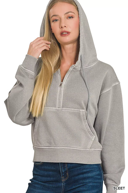 Zenana Fleece Pigment Dye Half Zip Kangaroo Pocket Hoodie