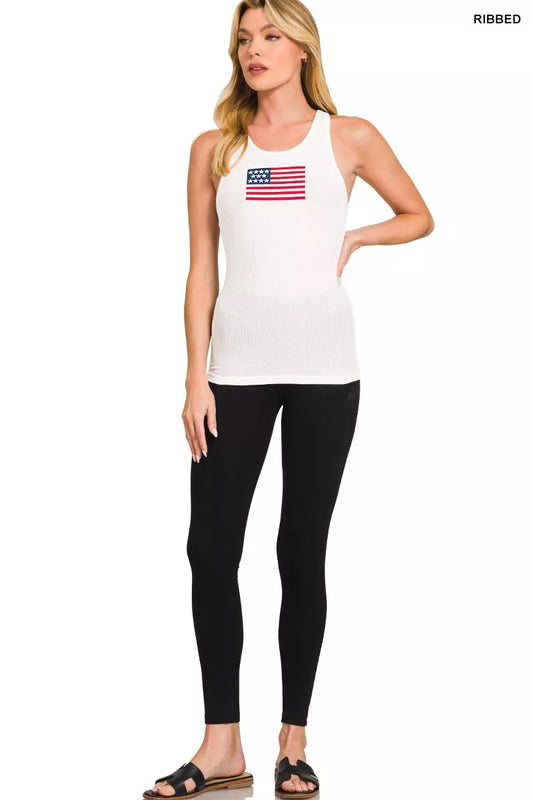 Zenana American Flag Embroidery Stretchy Ribbed Tank