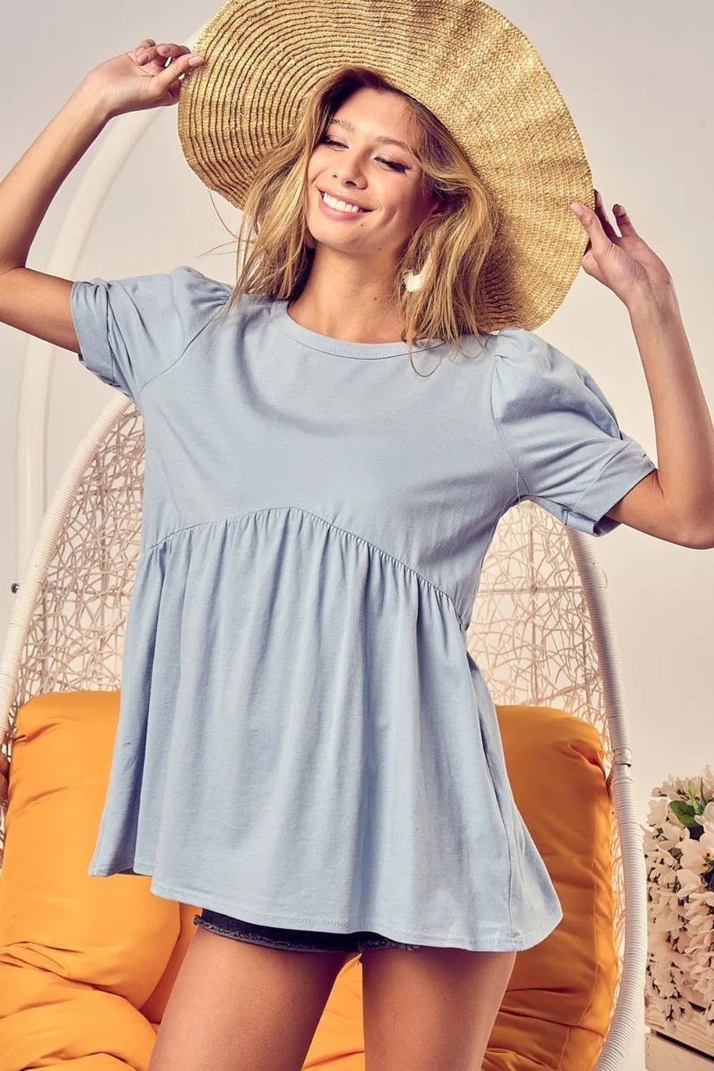 BiBi Cotton Span Knit with Puff Sleeve Baby Doll Top