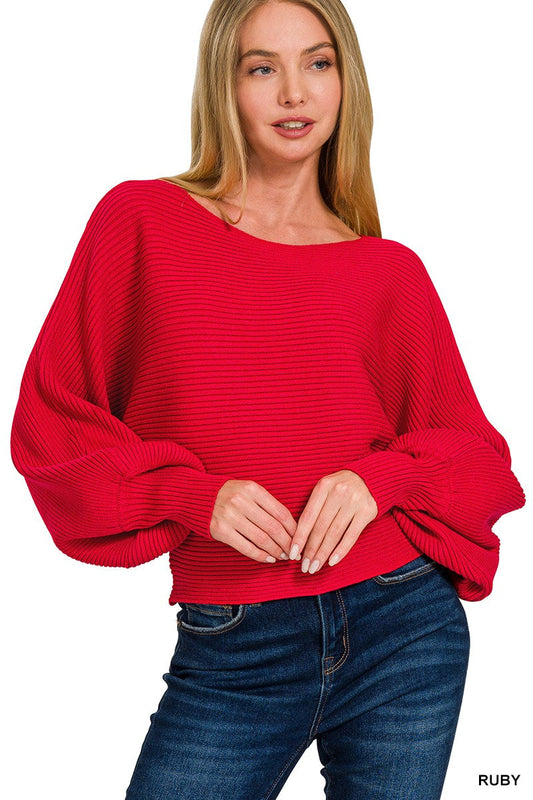 Zenana Boat Neck Balloon Sleeve Sweater