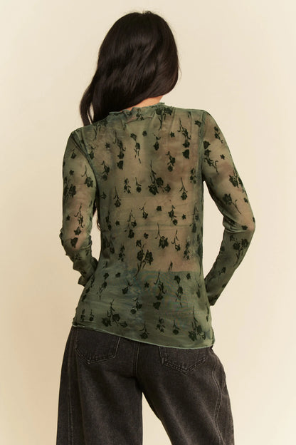 Davi & Dani Floral Mesh Long Sleeve Sheer Layering Top