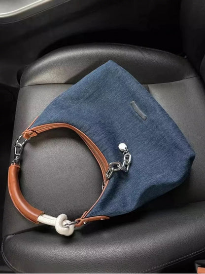 Denim Shoulder Bag with Leather Handle