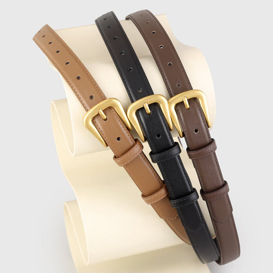 Skinny Leather Belt with Golden Buckle