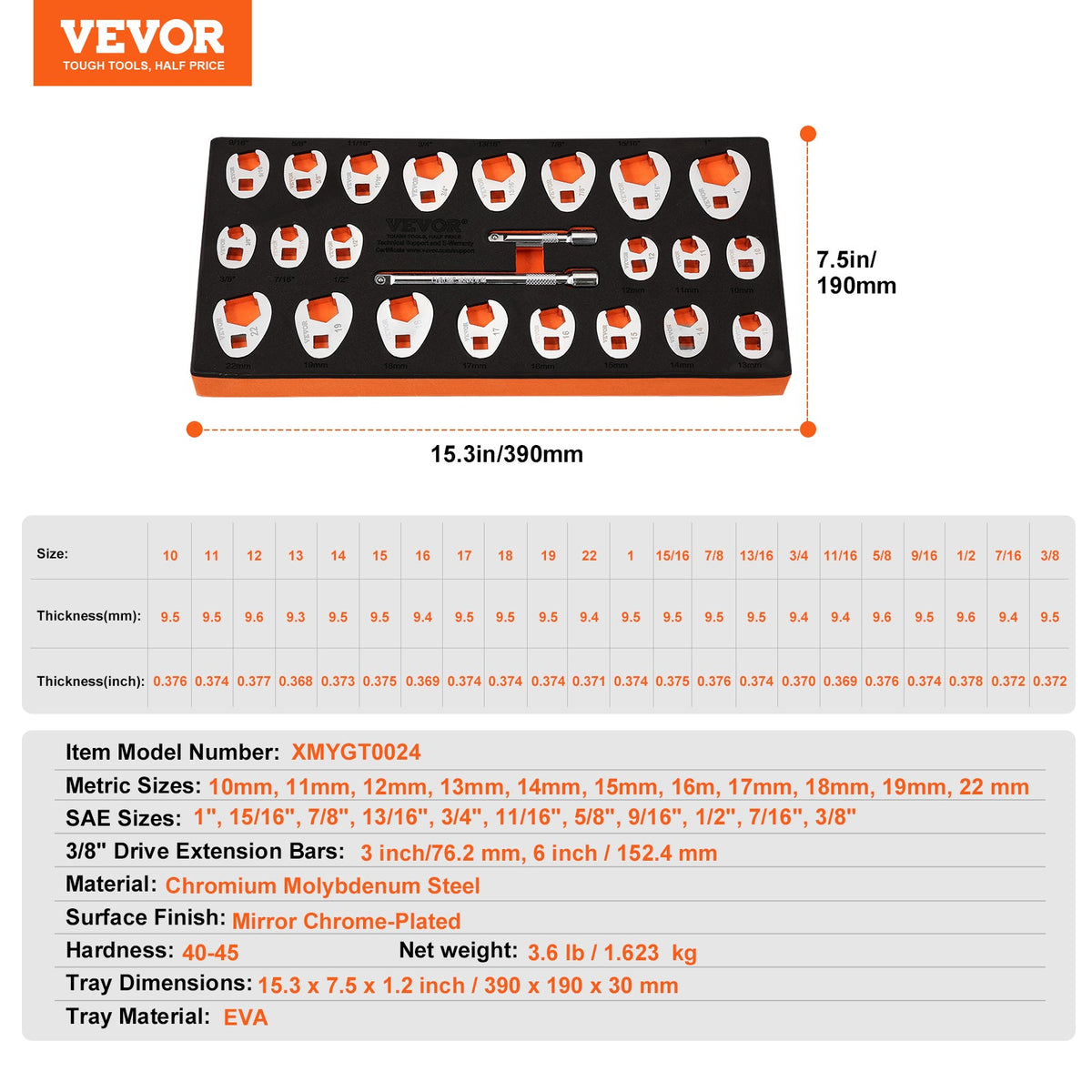 VEVOR Drive Crowfoot Wrench Set With 2 Extension Bars, 24-Piece Crows Foot Wrench Set, SAE  -1inch And Metric 10-22 Mm, CR-MO Steel Crowfoot Wrench Set, With EVA Tool Organizer