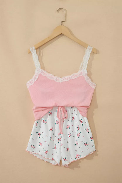 Ribbed Knit Lace Straps Patchwork Lettuce Hem Cropped Top Floral Short Lounge Set