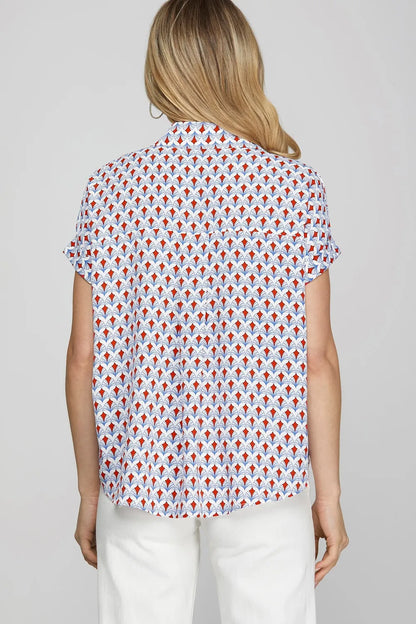 She + Sky Full Size Printed Johnny Collar Short Sleeve Blouse Plus Size
