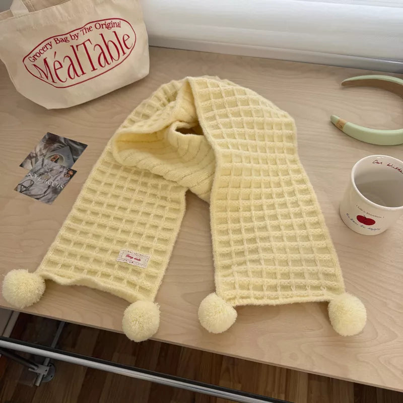 Waffle Knit Pom-Pom Scarf