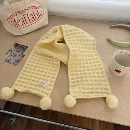 Waffle Knit Pom-Pom Scarf