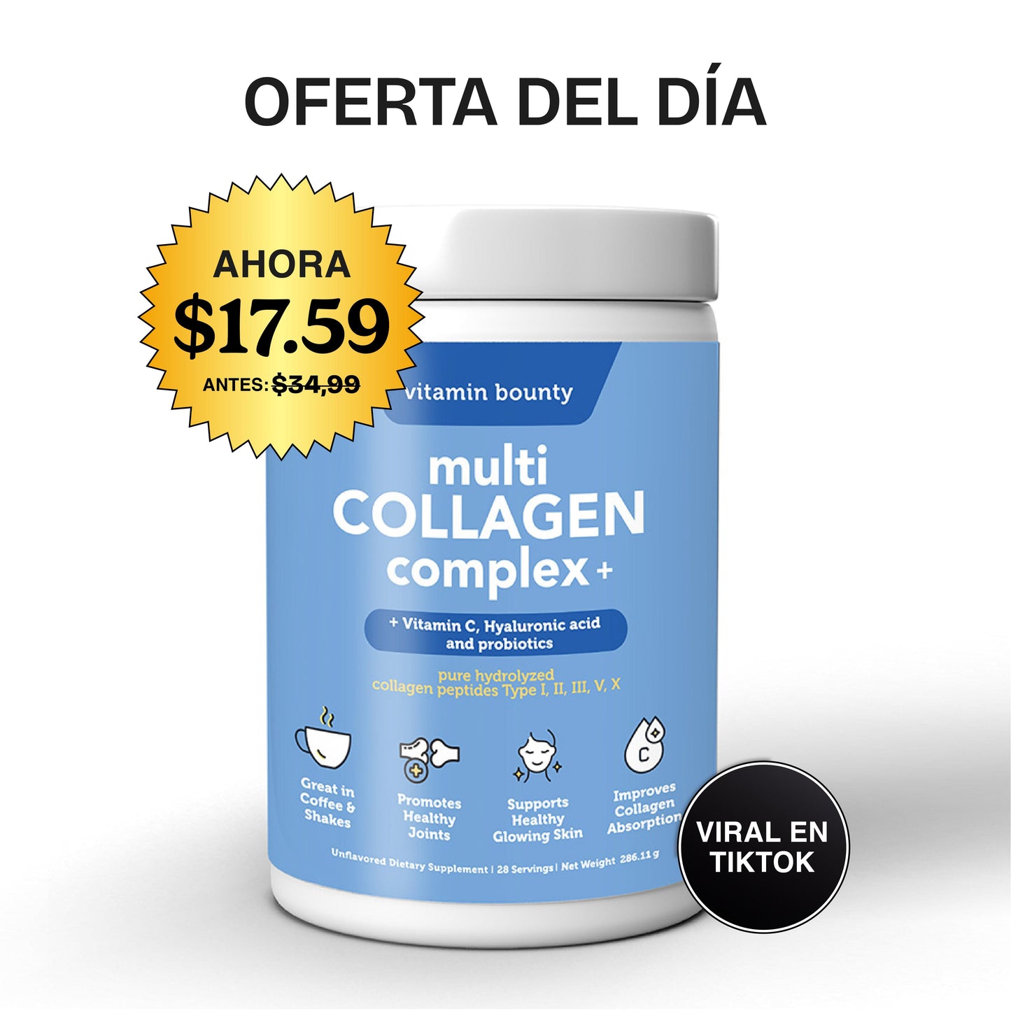 Colágeno Hidrolizado 5 en 1 con Ácido Hialurónico, Vitamina C y Probióticos