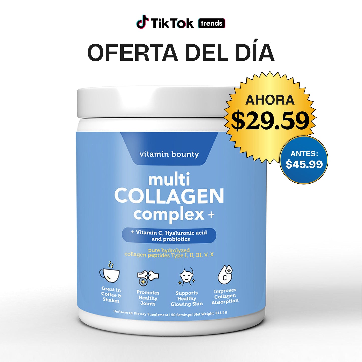 Colágeno Hidrolizado 5 en 1 con Ácido Hialurónico, Vitamina C y Probióticos