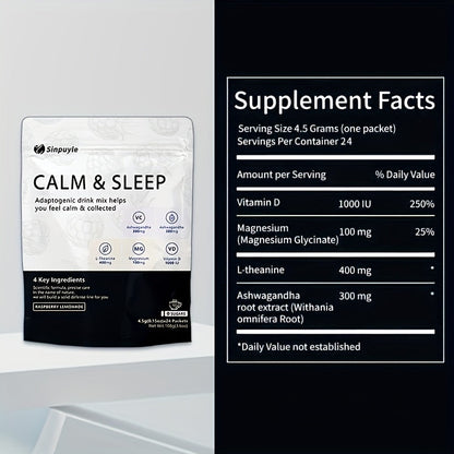 Calm & Sleep Adaptogenic Drink Mix - Raspberry Lemonade, 0 Sugars - L-Theanine, Ashwagandha & Magnesium For Relaxation & Rest, 24 Packets