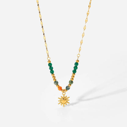 Bohemian Sun Charm Beaded Stainless Steel Necklace