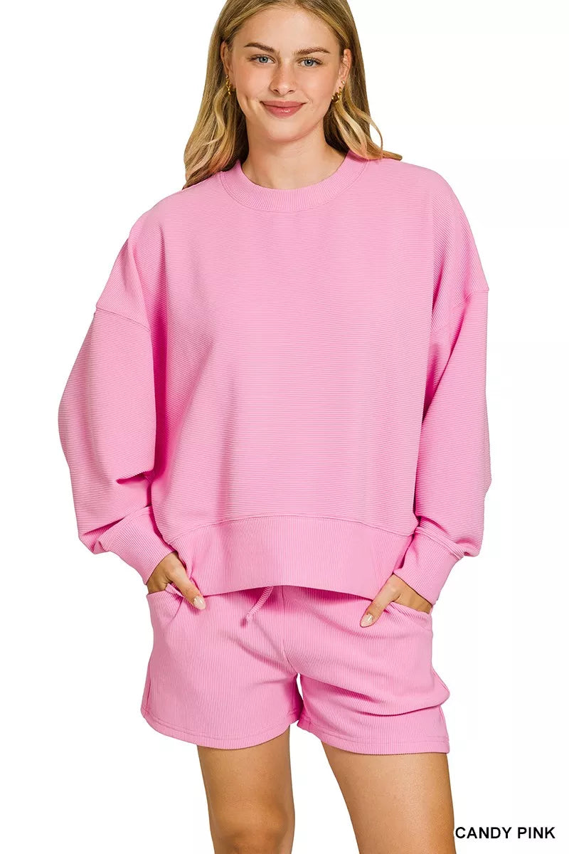 Zenana Ribbed Round Neck Pullover and Shorts Set