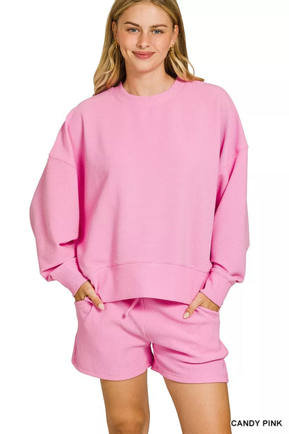 Zenana Ribbed Round Neck Pullover and Shorts Set
