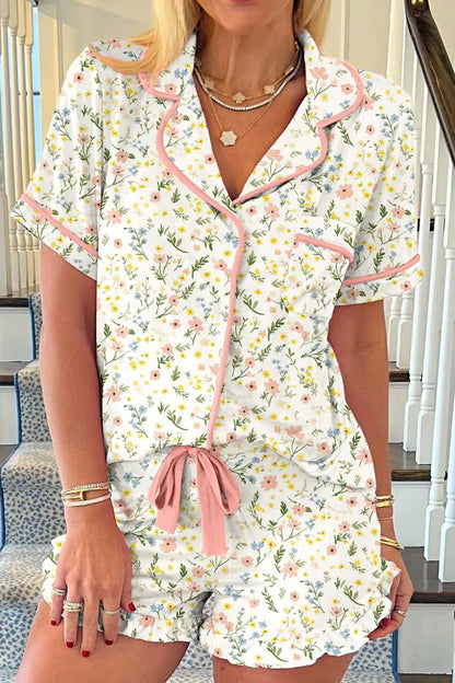 Printed Button Up Short Sleeve Top and Shorts Lounge Set