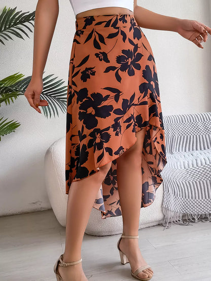 Floral Print Ruffle Hem Asymmetrical Skirt