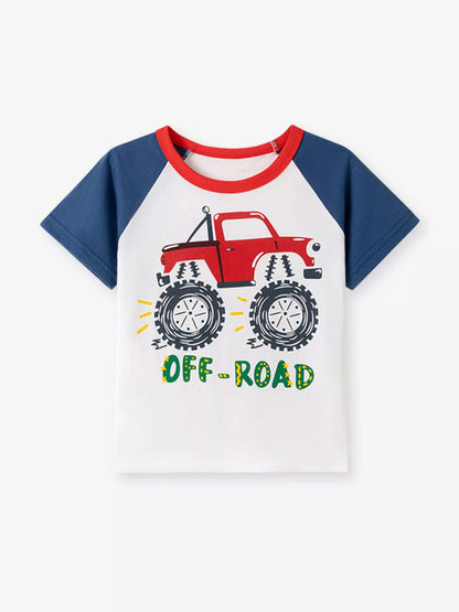 Children's Cartoon Vehicle Graphic Raglan Sleeve T-Shirts