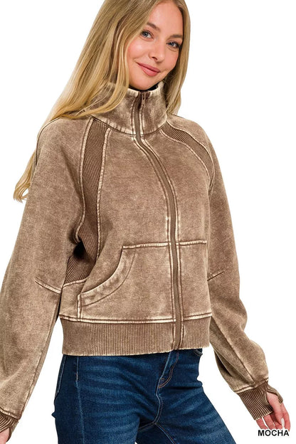 Zenana Acid Wash Zip Up Fleece Jacket