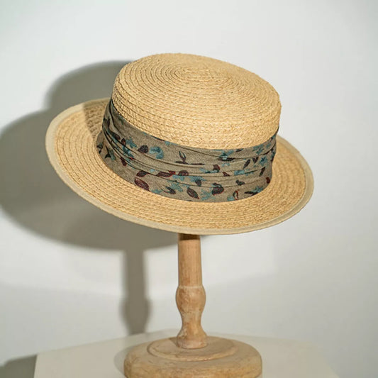 Straw Boater Hat with Printed Band