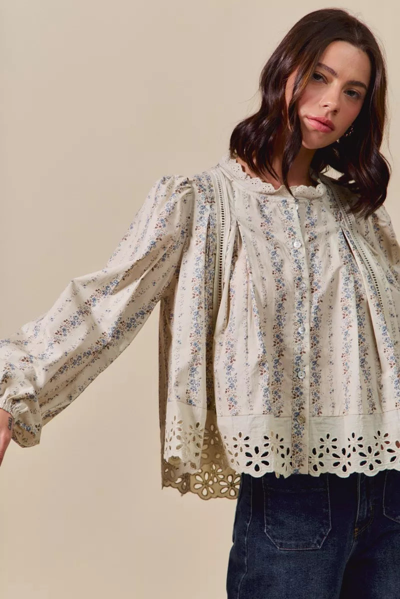 SO ME Floral Print Lace Button Down Shirt