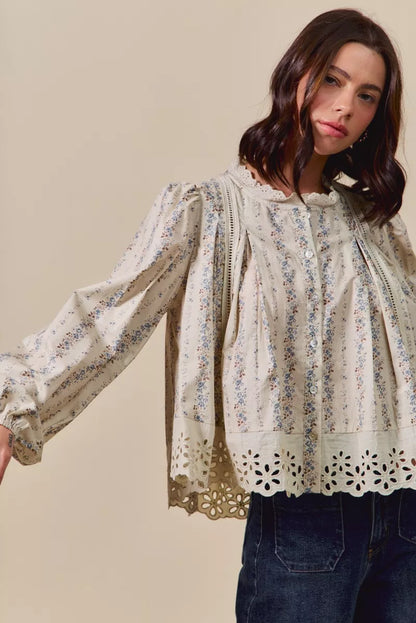 SO ME Floral Print Lace Button Down Shirt